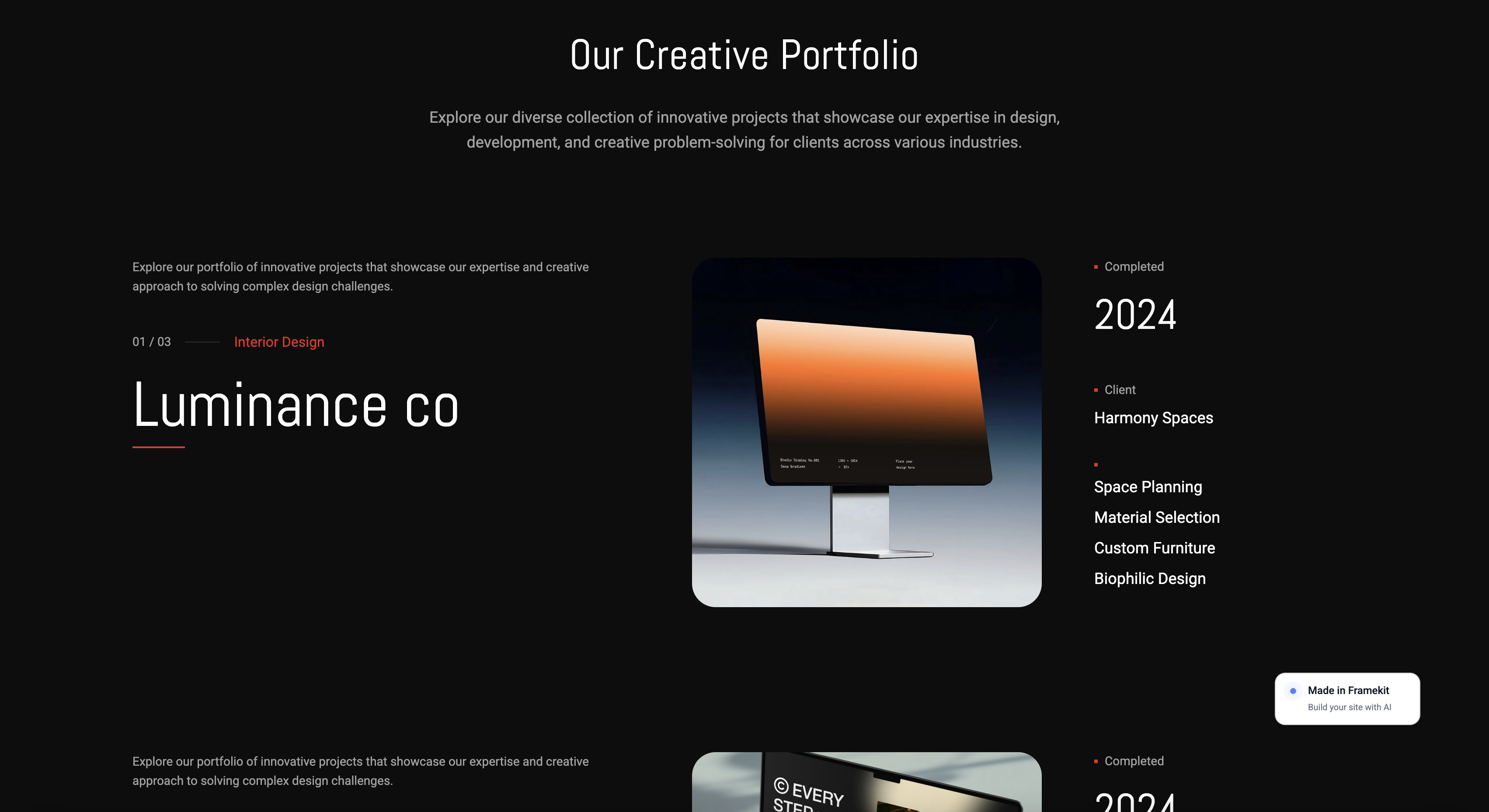 A design studio portfolio with project case studies, built with Framekit