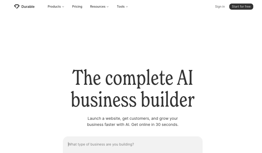 The Durable AI website builder homepage