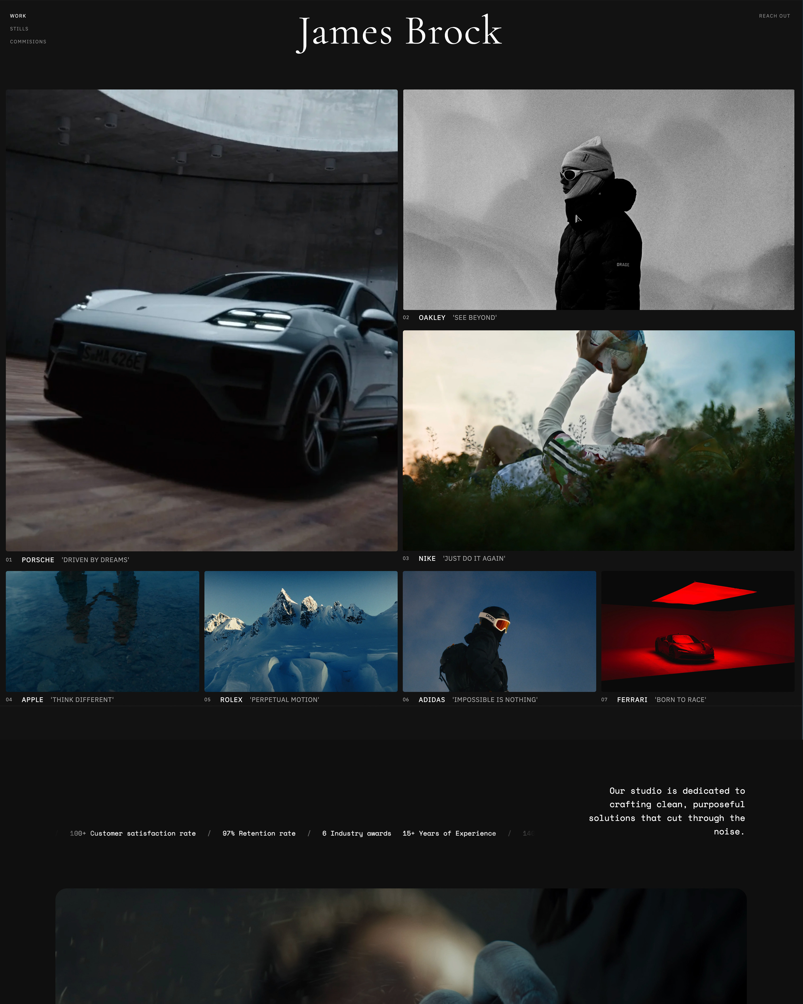 A director portfolio with a commercial work grid, built with Framekit