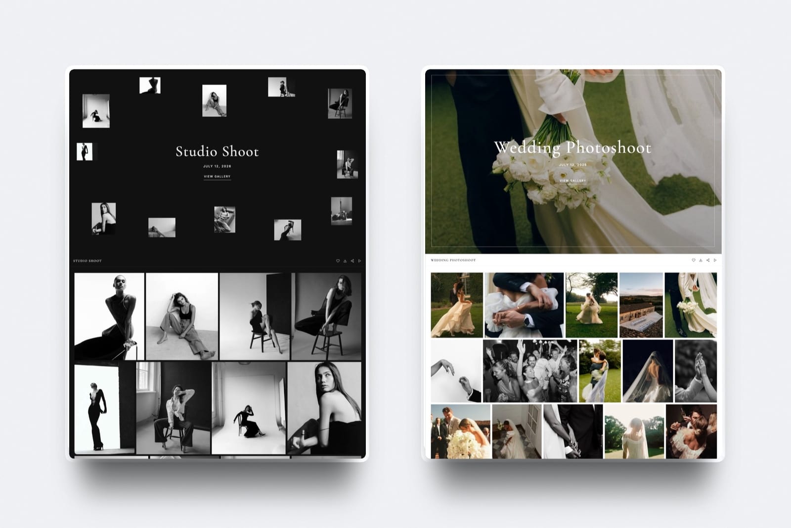 Several Framekit client galleries side by side, each running on the photographer's own site