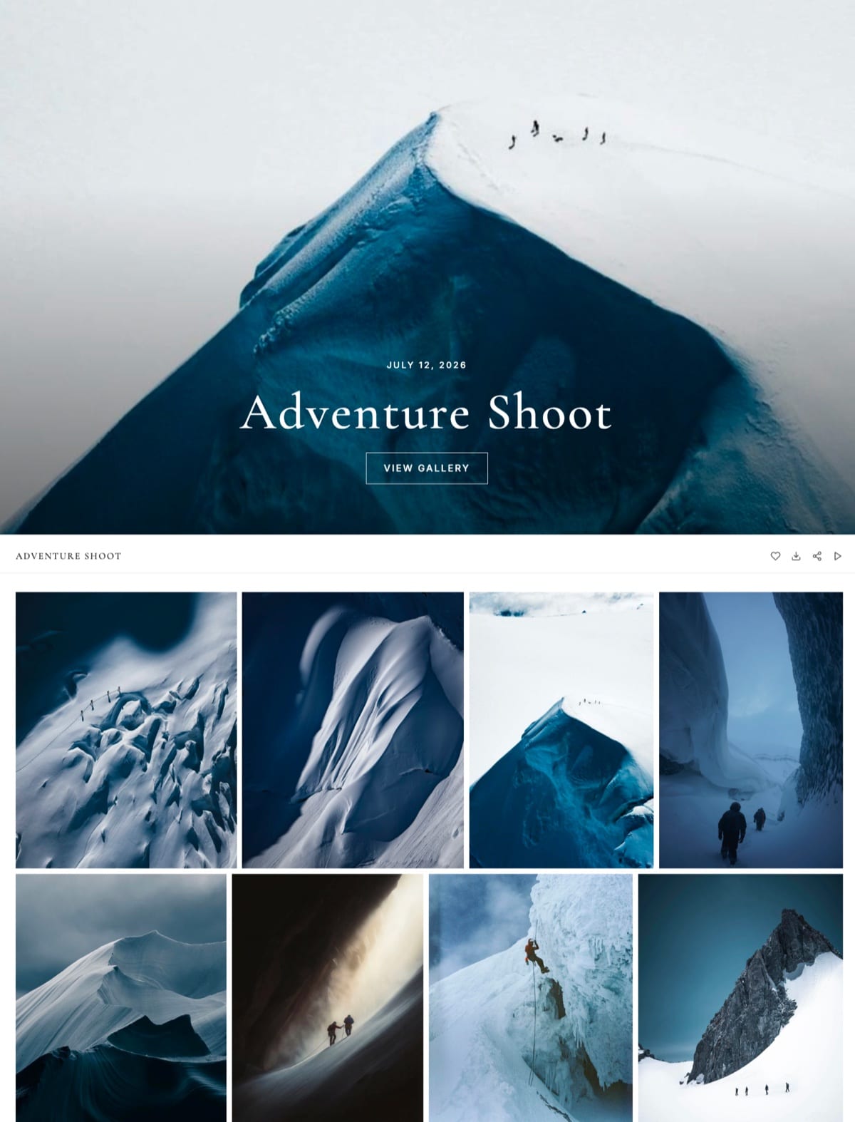A Framekit client gallery shown on desktop, delivered from the photographer's own domain