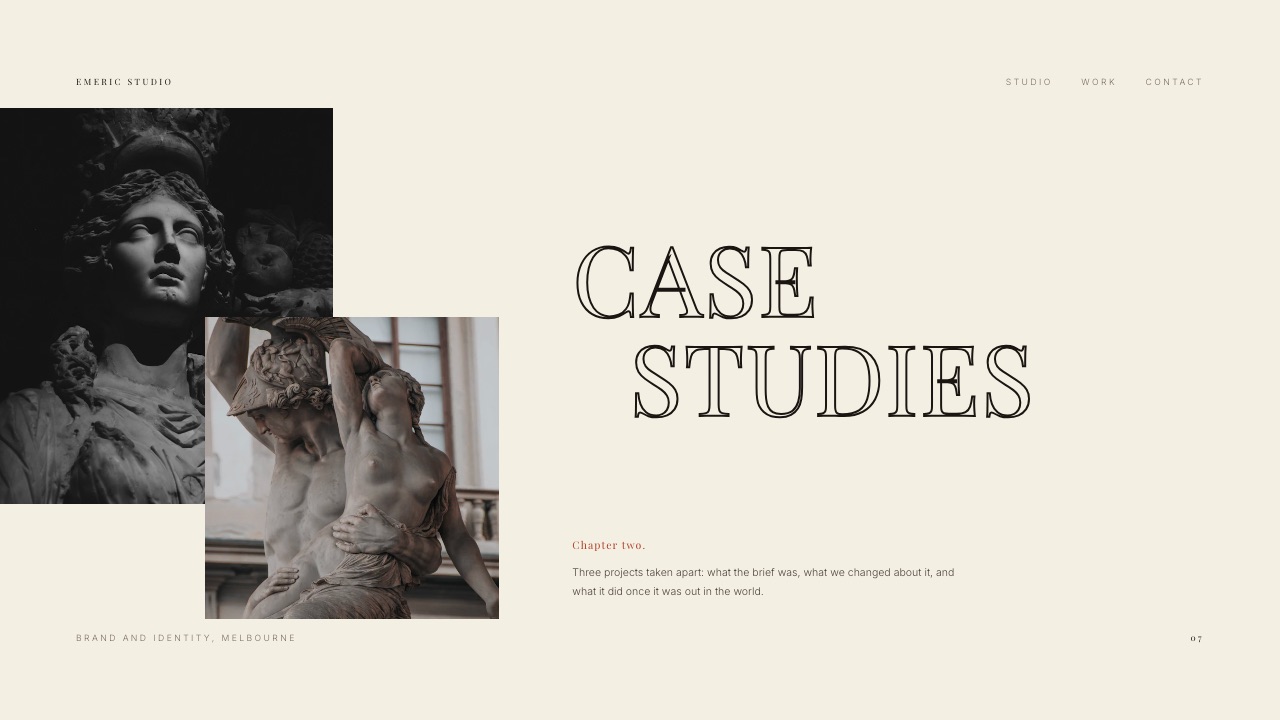 The Case studies divider of Framekit's Branding Studio Pitch template, introducing three projects taken apart by brief, change and result