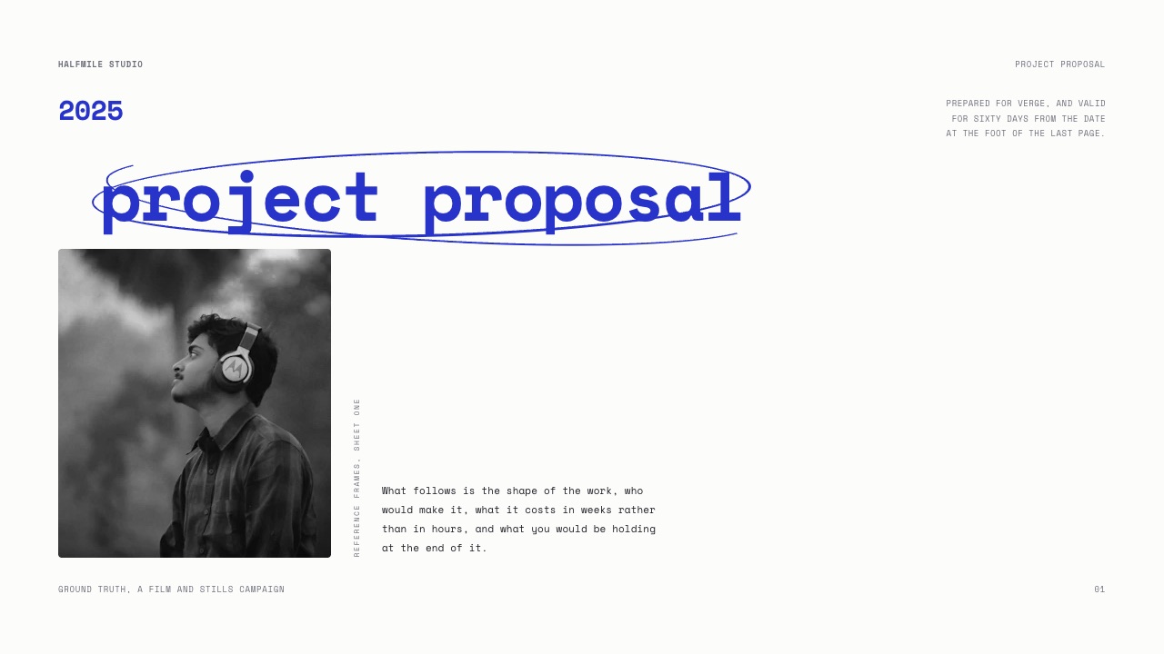 The cover slide of the Framekit project proposal template, the document a creative studio sends before any work starts.