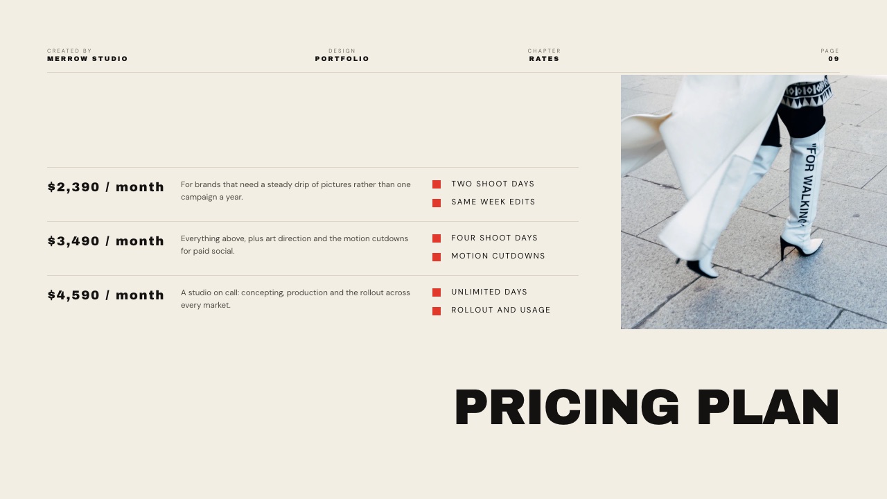 A Framekit slide from a creative studio portfolio showing a pricing plan, the deck line that otherwise costs $237.60 a year on Storydoc Starter.