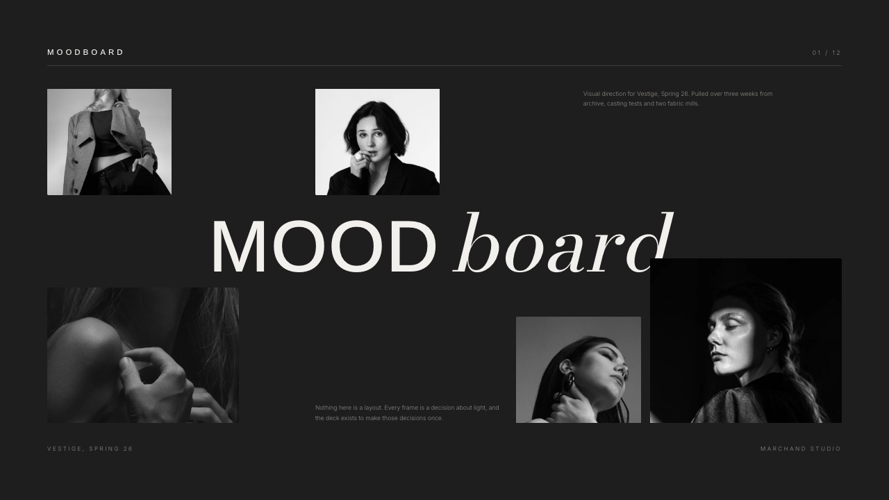 The cover slide of the Framekit magazine style moodboard template for a design studio, the kind of opening page a concept meeting starts on.