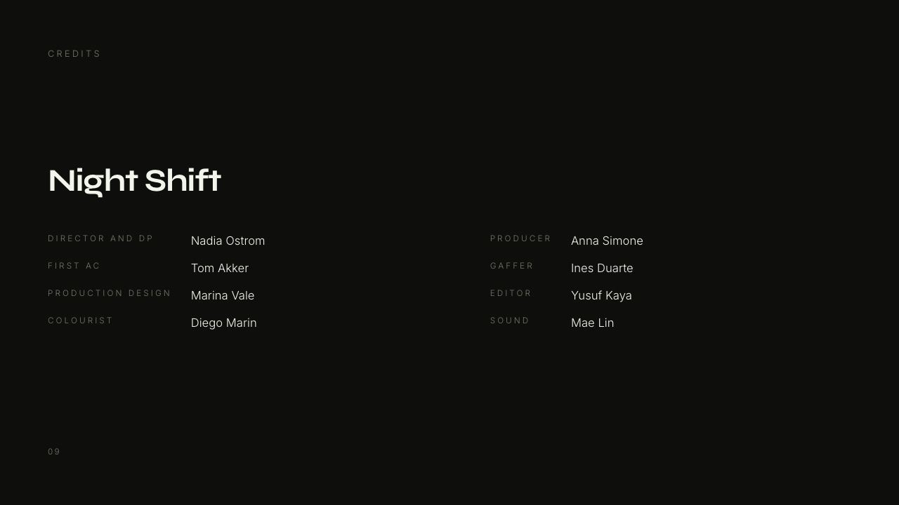 The Credits slide from Framekit's Director and DP Portfolio template, listing a project called Night Shift with the director and DP, first AC, production designer, colourist, producer, gaffer, editor and sound credited by name