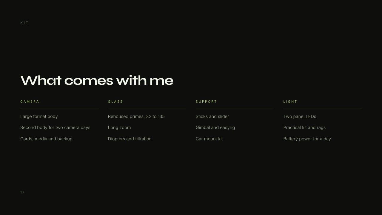 The Kit slide from Framekit's Director and DP Portfolio template, 'What comes with me', listing camera bodies, rehoused primes and a long zoom, sticks, slider and gimbal, and two panel LEDs with practicals
