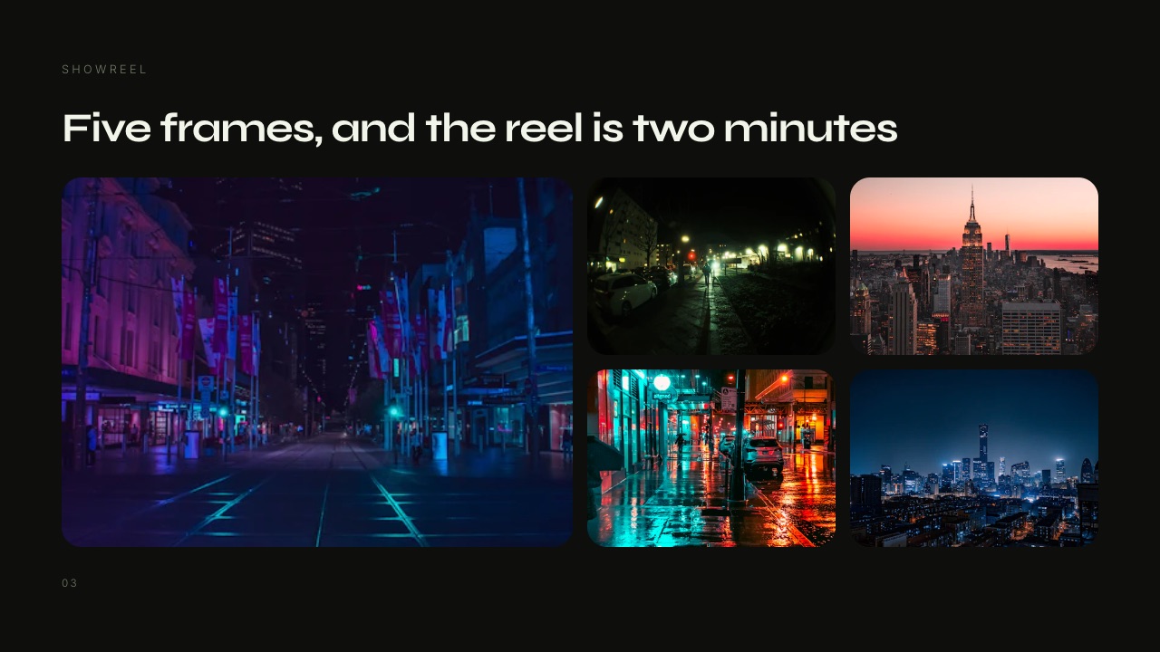 The Showreel slide from the Director and DP Portfolio template in Framekit Slides, the kind of deck a filmmaker sends alongside a review link