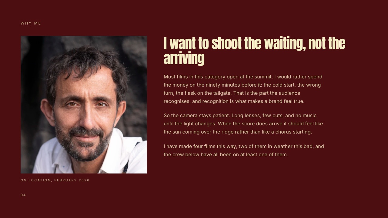 The Director's statement slide in Framekit's Director's Treatment for a Commercial, headed 'I want to shoot the waiting, not the arriving', with a portrait of the director