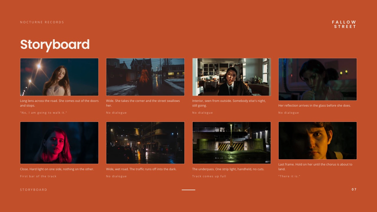 The storyboard page from the Director's Treatment with Storyboard template in Framekit Slides.