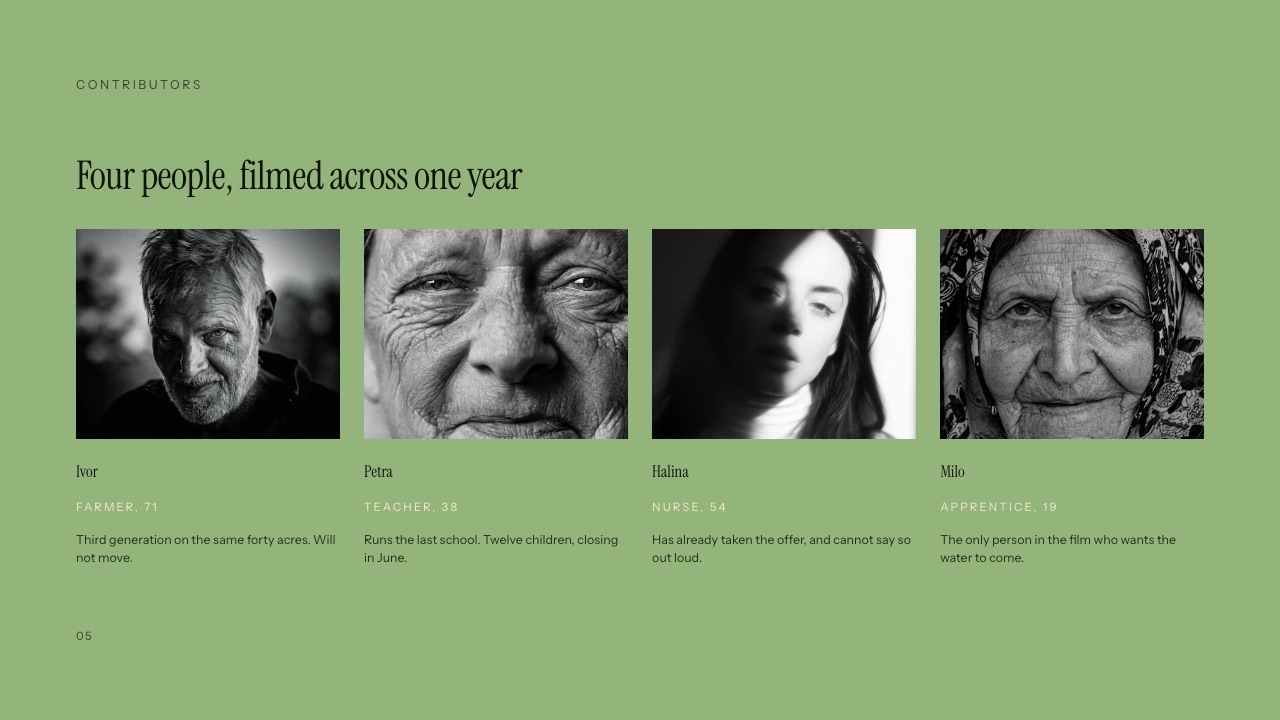 The Who it follows slide of Framekit's Documentary Funding Pitch template, four sample contributors each with a name, an age, a role and one line