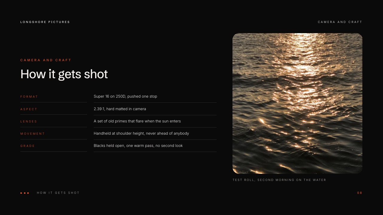 The Camera and craft slide of Framekit's Documentary Short Treatment template, listing format, aspect ratio, camera movement and grade for a sample short