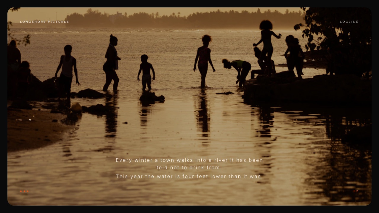 The Logline slide of Framekit's Documentary Short Treatment template, two short lines set like subtitles over a river scene