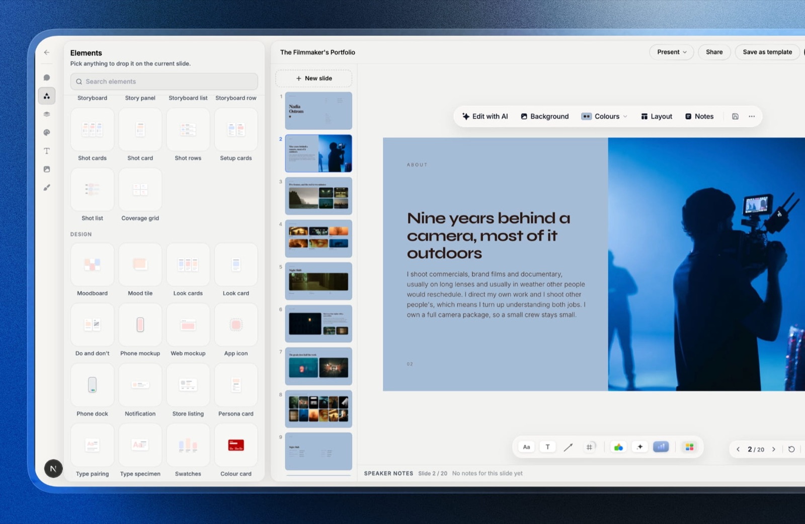 The Framekit Slides editor with an elements panel, a slide rail and a filmmaker portfolio deck open, with speaker notes along the bottom of the canvas