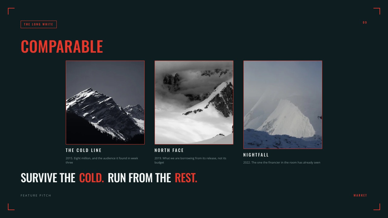 A comparables page in a feature film pitch deck built in Framekit