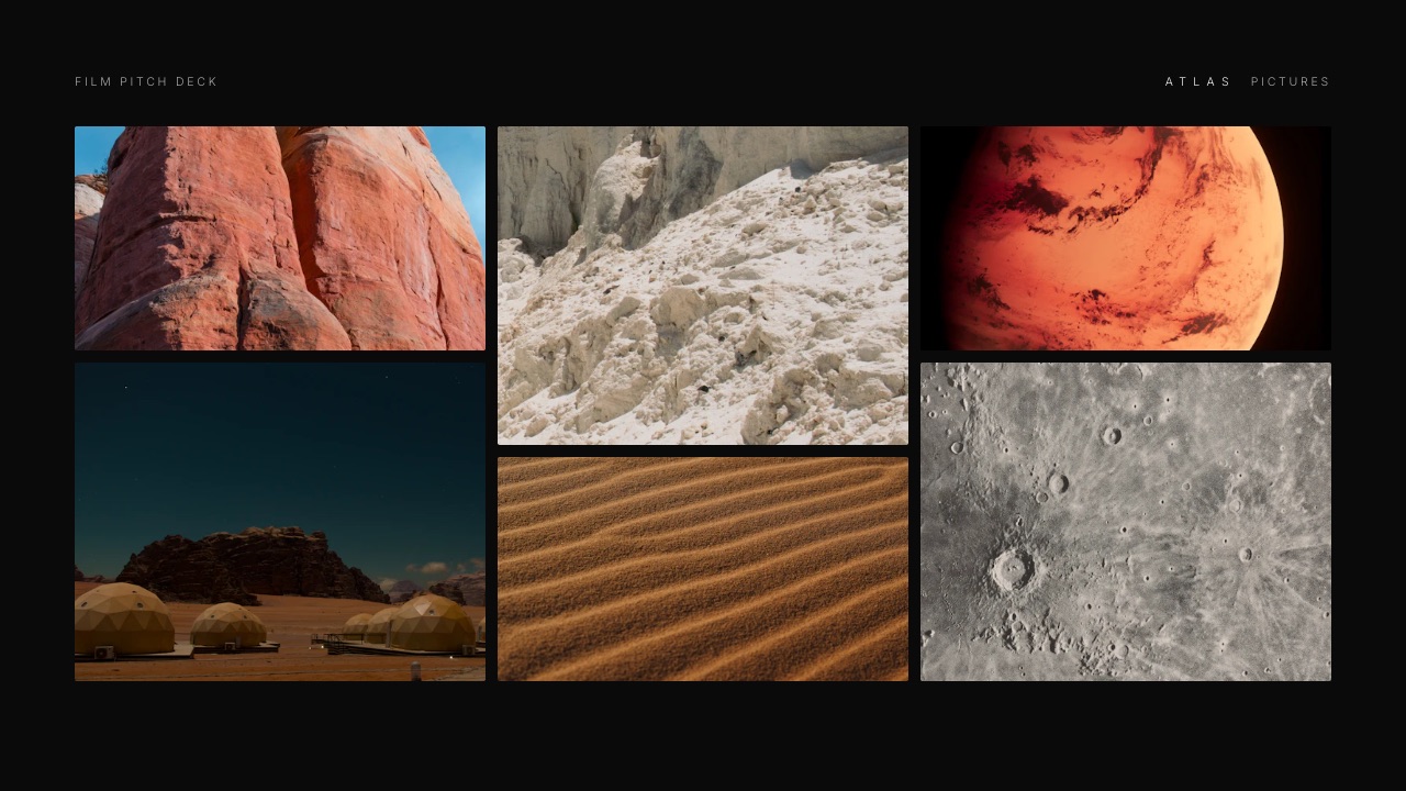 The Look and tone slide of Framekit's Film Financing Pitch Deck template, a six-image grid of red rock, chalk, sand, domes and a cratered surface