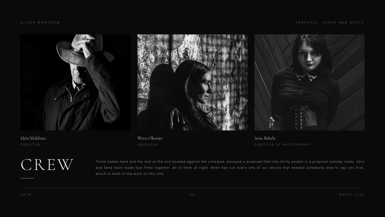 The Crew slide from Framekit's Film Production Proposal and Quote template, naming a director, a producer and a director of photography with portraits, and noting that the rest of the unit is booked against the schedule