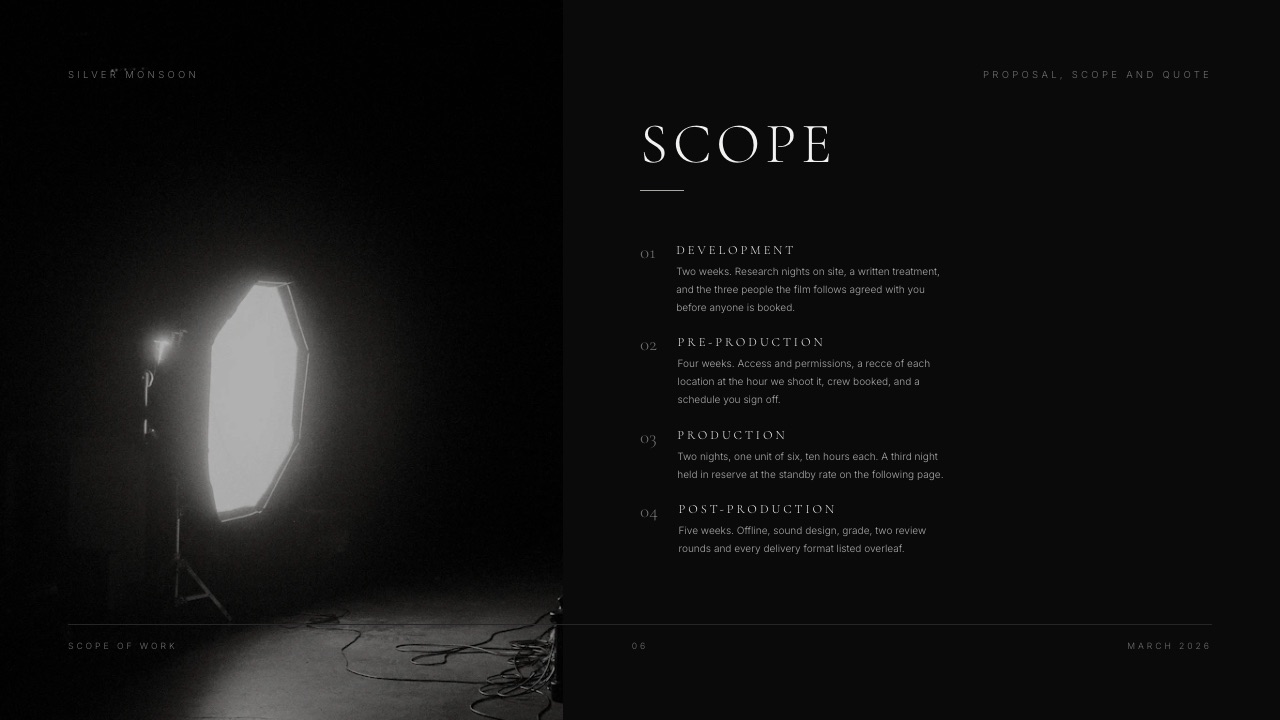 The scope of work slide from the Framekit Film Production Proposal and Quote template, listing the work in plain numbered lines.
