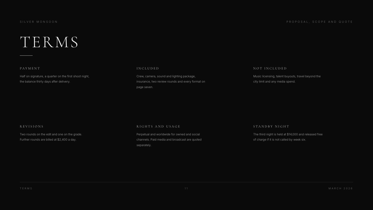 The terms slide from the Framekit Film Production Proposal and Quote template, showing payment and cancellation terms in short plain lines.