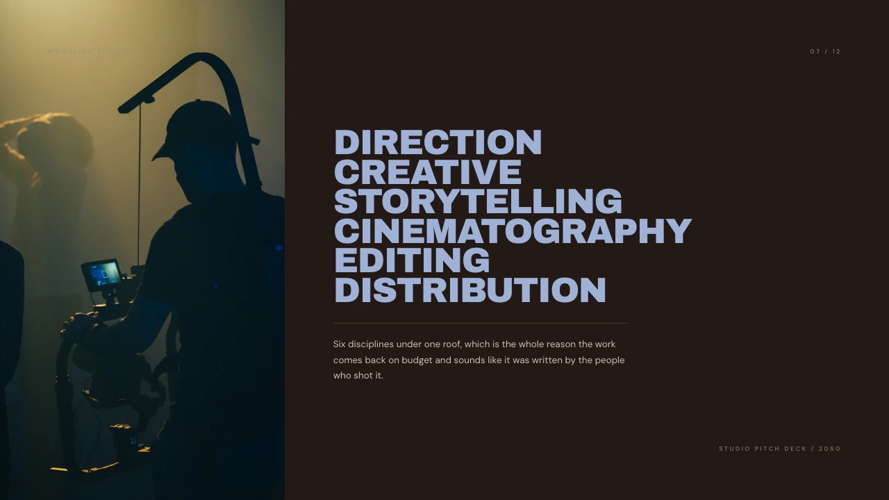The What we do slide from Framekit's Film Studio Pitch Deck template, a studio's services set beside a production still