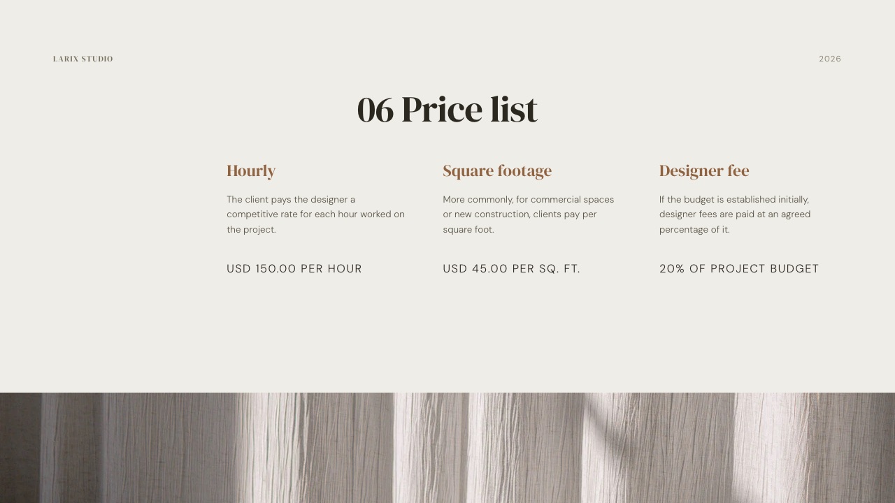 The Price list slide from Framekit's Interior Design Studio Pitch template, services and fees laid out in a simple table