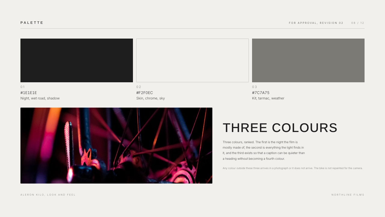 The palette slide from the Framekit Mood Board and Look Approval template, colour swatches laid out in a fixed row with names beneath.