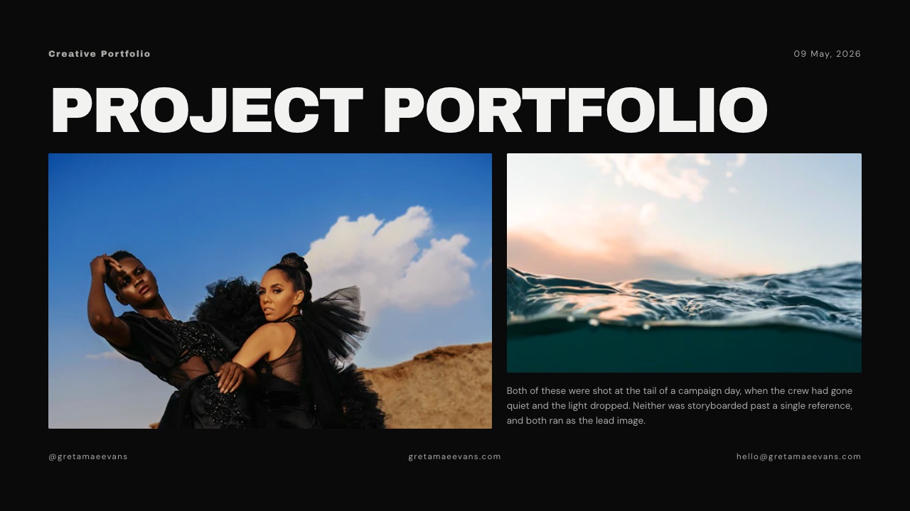 The Project Portfolio slide from Framekit's Photographer and Stylist Portfolio template, two images with a short caption about how the shots were made.