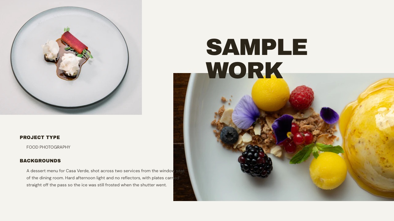 The sample work page for food photography in the Framekit photography portfolio book template, frames set large against a quiet ground.