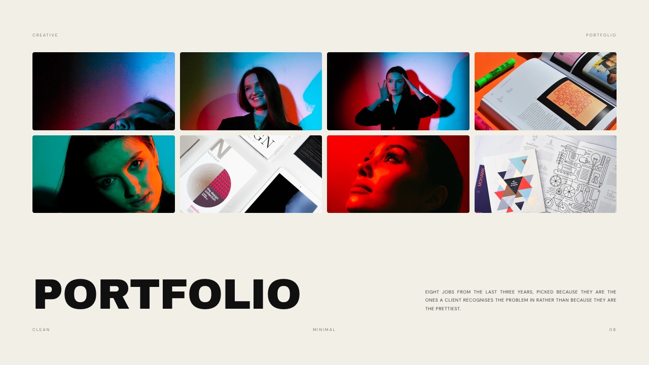 The 'Portfolio' slide from Framekit's Product Designer Portfolio template: an eight-image grid with a caption saying the eight jobs were picked because a client recognises the problem in them