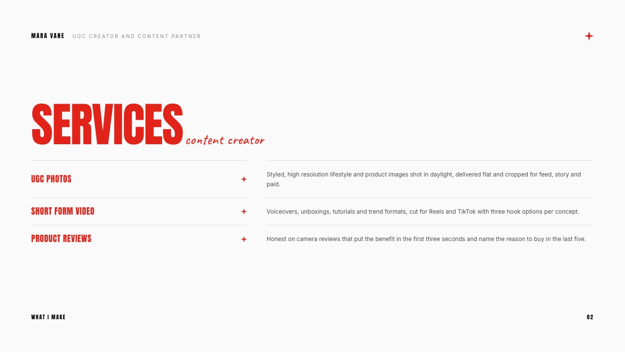 The Services slide from Framekit's UGC Creator Portfolio and Media Kit template, listing UGC photos, short form video and product reviews for a fictional creator.
