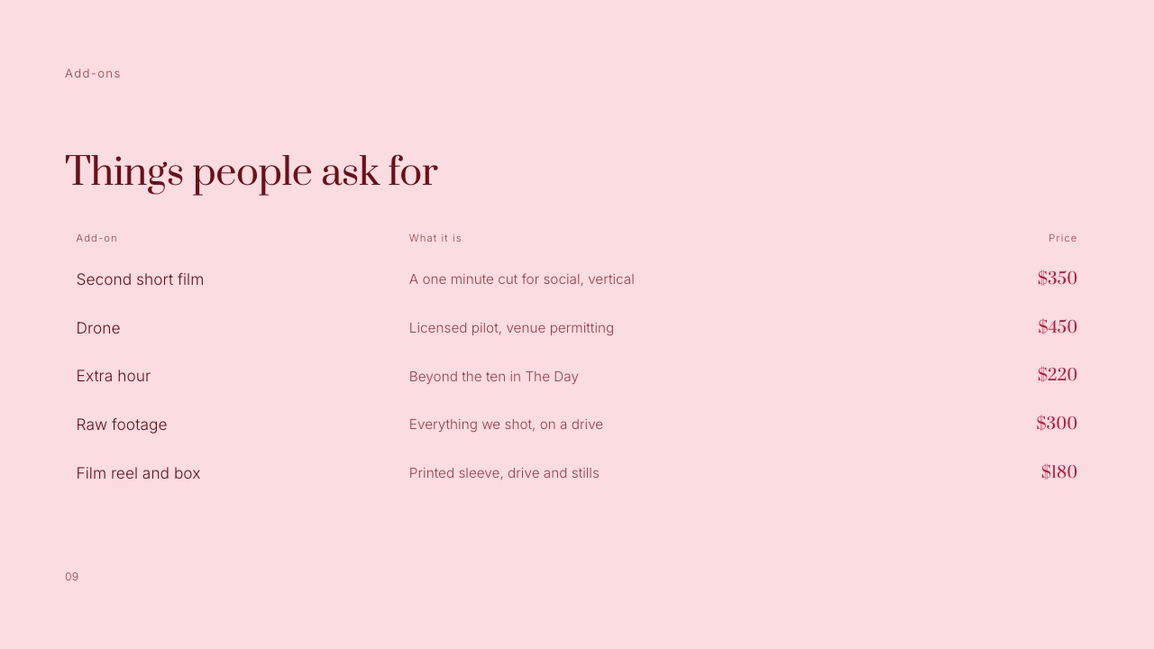 The 'Add-ons' slide from Framekit's Wedding Film Client Proposal template, a five-row table titled 'Things people ask for' with a description and price on every line