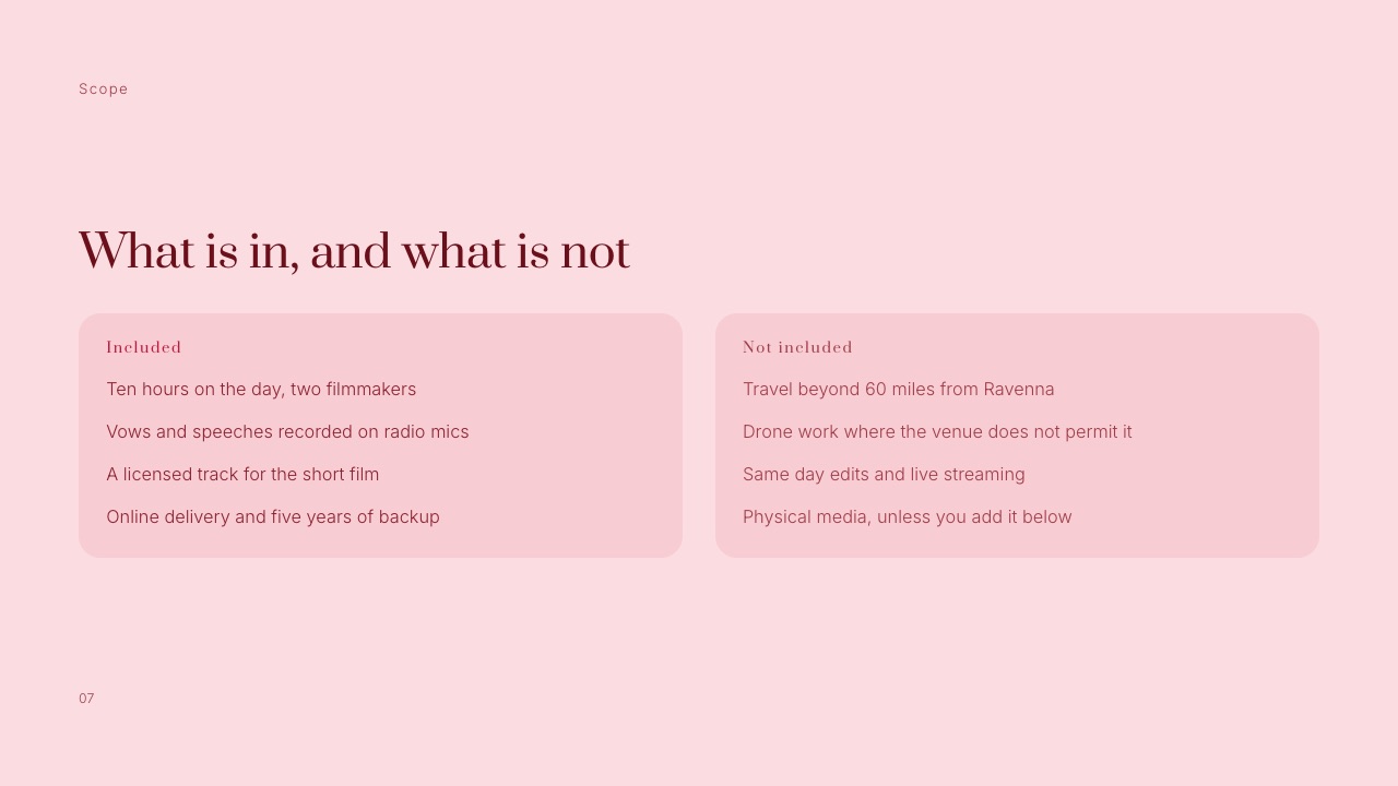 The 'Included' slide from Framekit's Wedding Film Client Proposal template, split into an Included column and a Not included column, which is the layout a pricing guide's 'in every collection' page needs