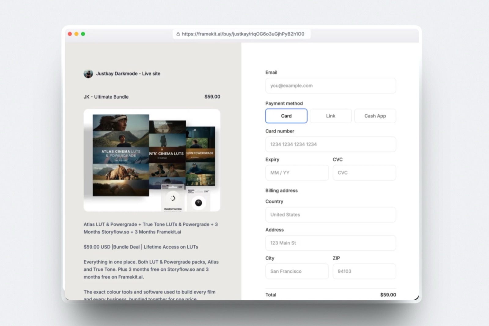 A Framekit store checkout for a LUT bundle, the line where a percentage fee quietly becomes the most expensive part of a stack.