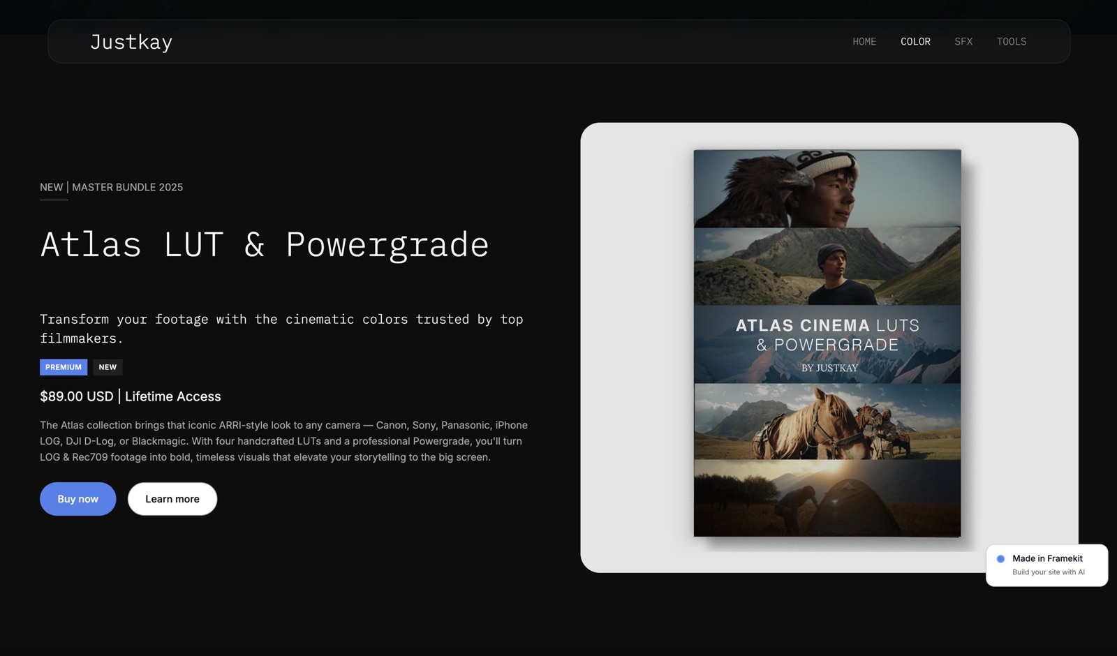 A Framekit site selling an Atlas LUT and Powergrade at $89 with a Buy now button, the store line running on the seller's own domain.
