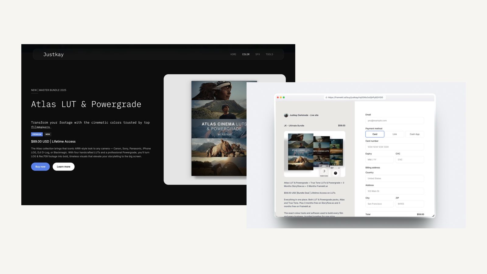 A Framekit store product page for a LUT pack next to the checkout it opens, both on the seller's own site.