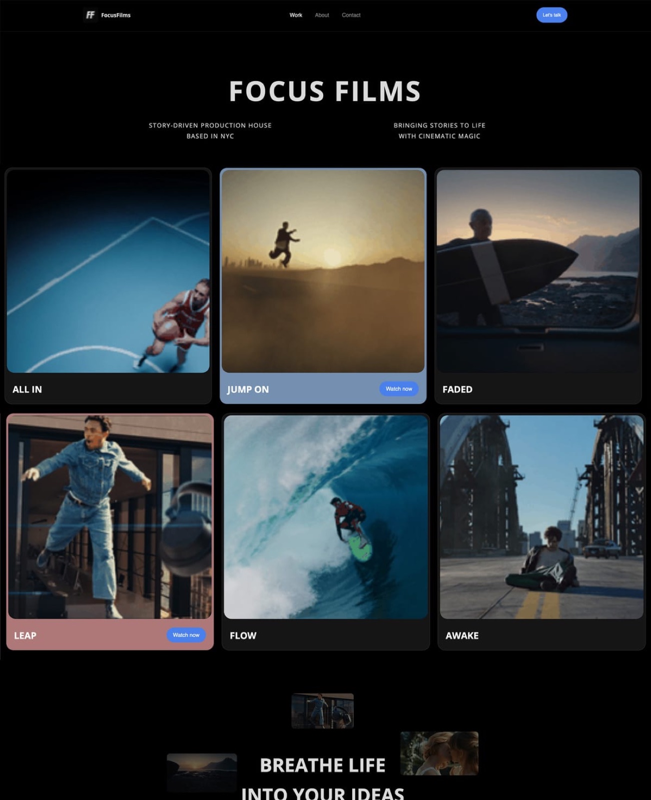 The Focus Films website template in Framekit shown at phone size, a filmmaker homepage built to hold a reel once the cut is approved