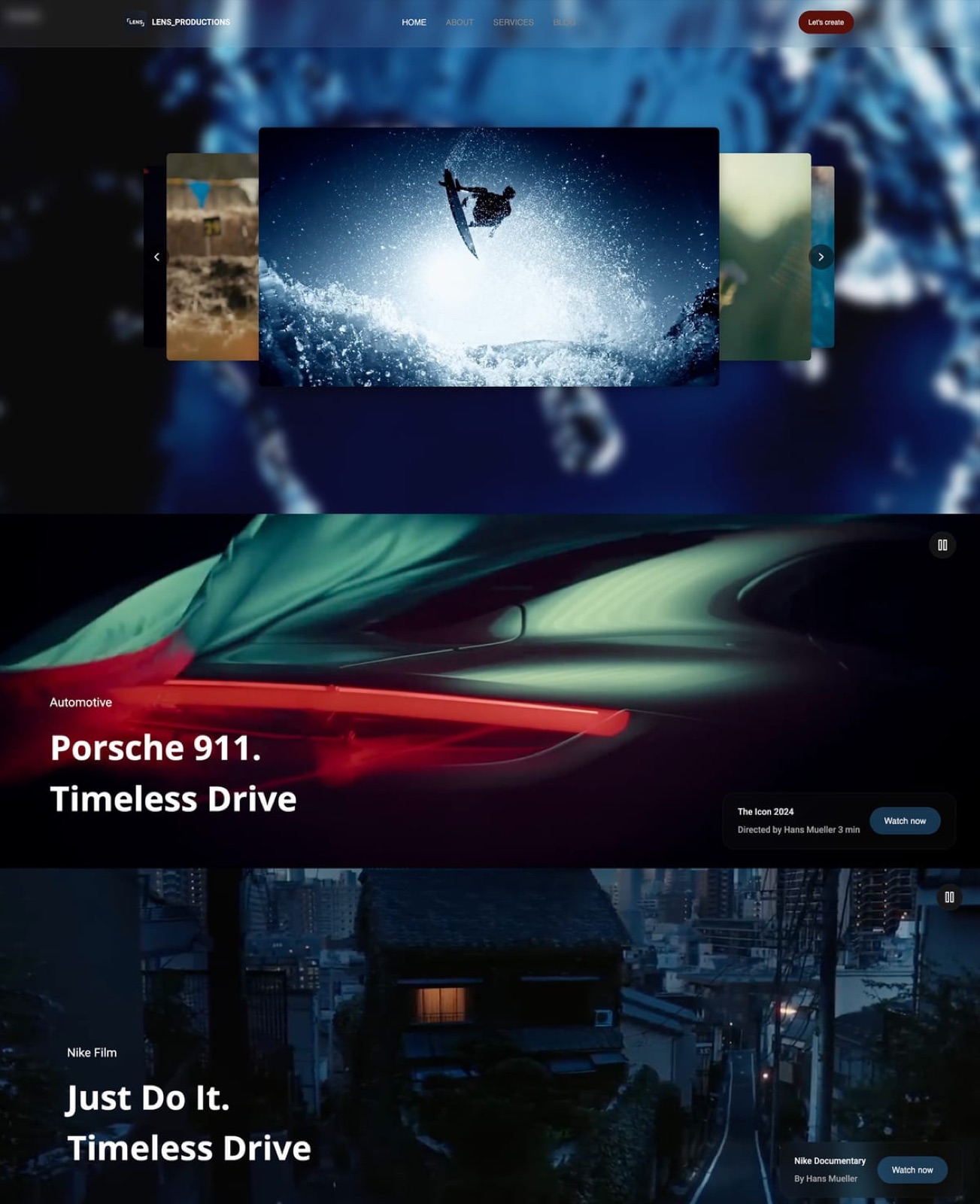 Framekit's Lens Productions website template on a phone, the kind of portfolio page where a 'from' price per service can sit beside the work