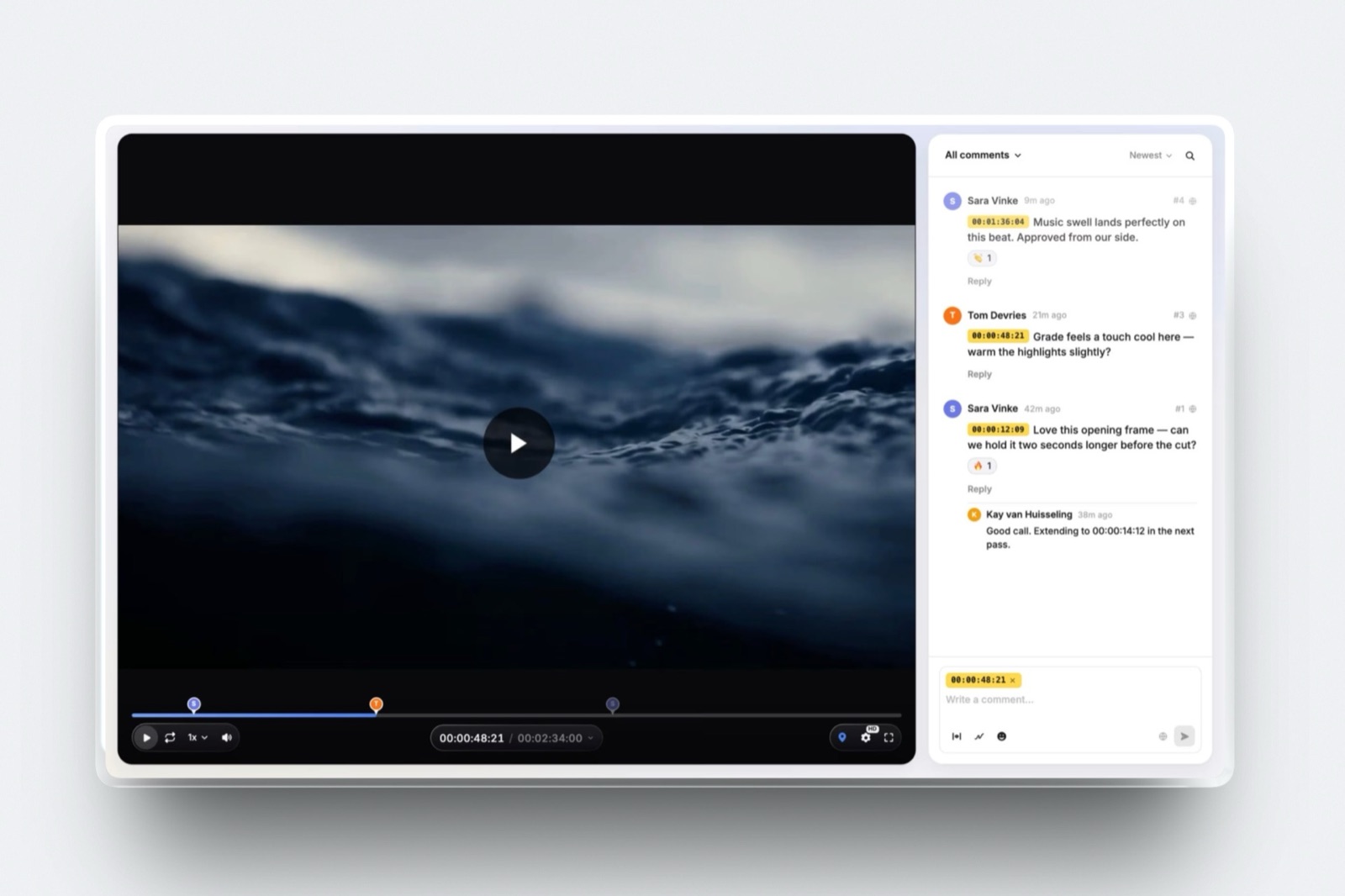 Framekit Video Review with a cut playing and an All comments panel of timecode chips, the client-review step neither Pixieset nor Squarespace lists