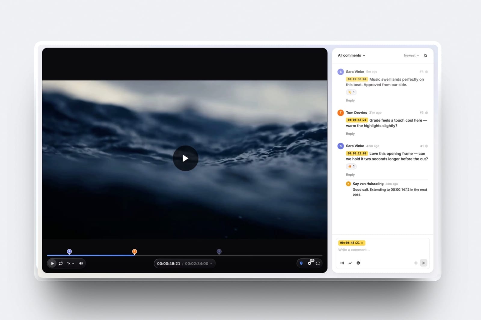 A Framekit video review page with timecoded client notes, one of the five client-facing lines in a freelance software stack.
