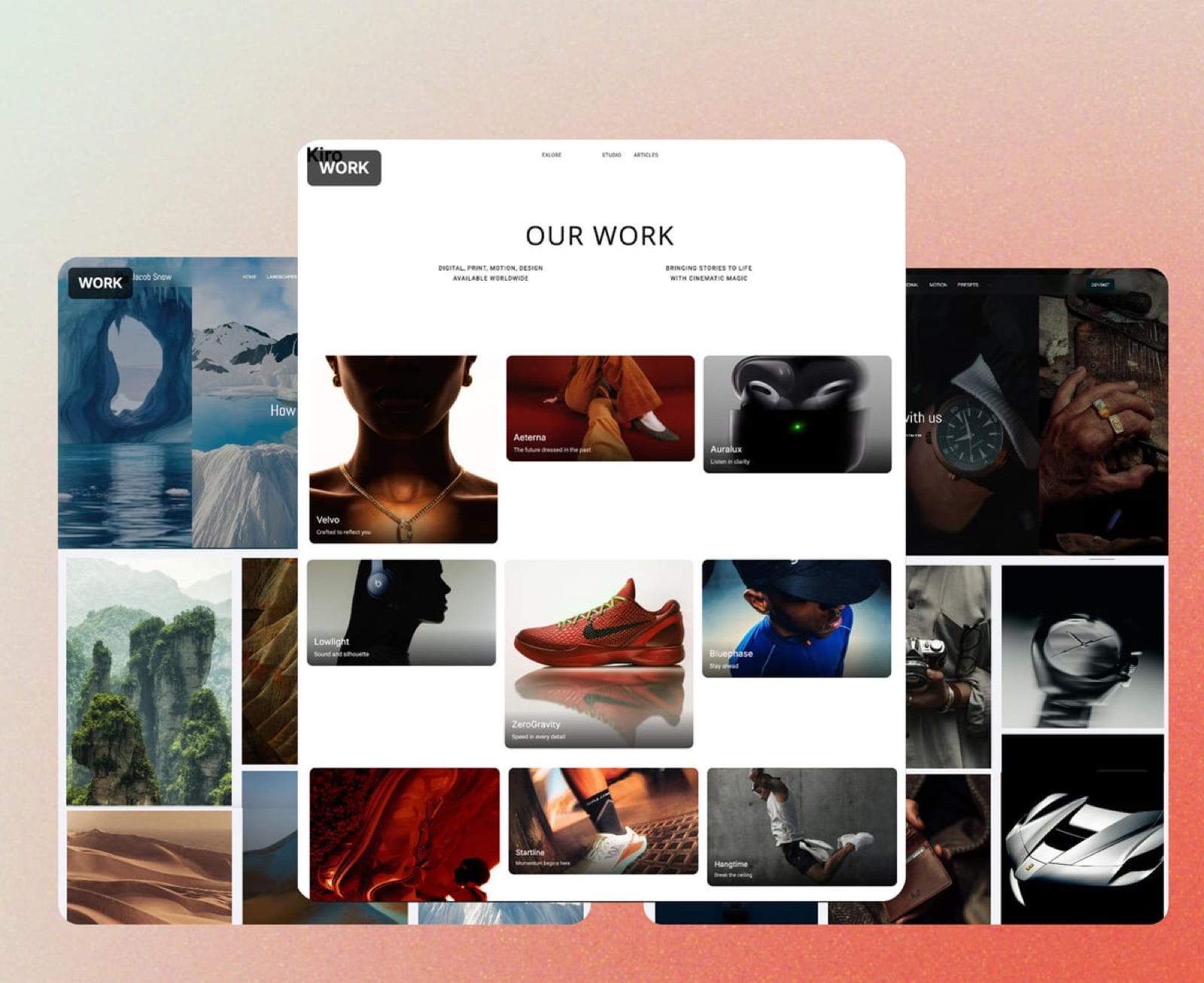 Framekit website templates combined in one view, showing an Our Work page over landscape and product photography.
