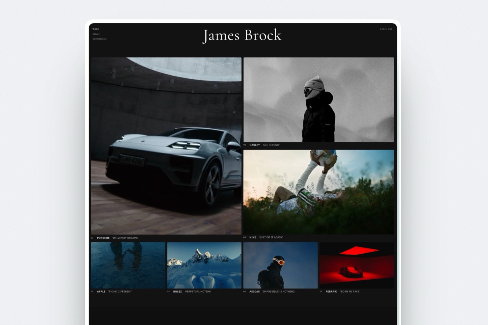 A Framekit portfolio website with a dark project grid, the site line that every all-in-one account is able to absorb.