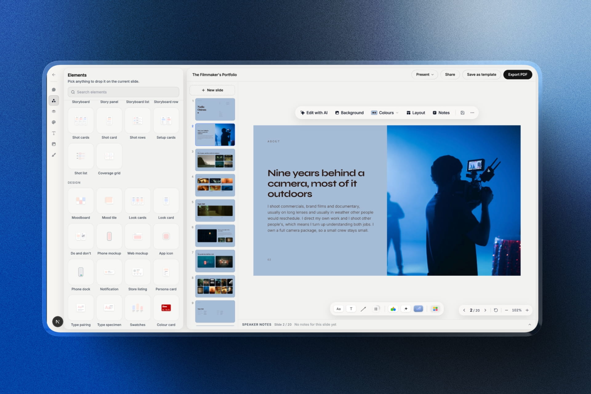 Deck templates and elements in the Framekit Slides editor