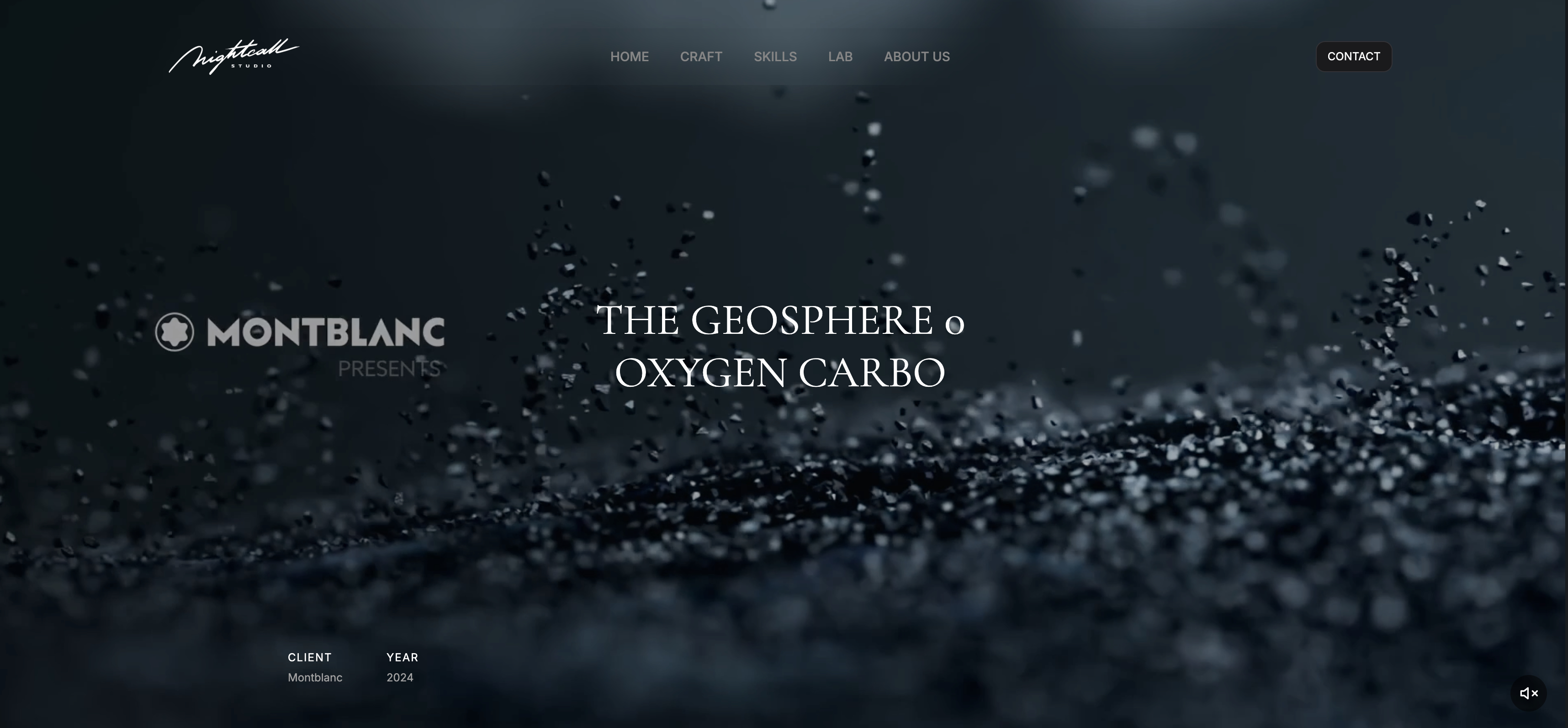 The Nightcall Studio Montblanc case study page on Framekit, with the film title over a dark particle shot and Client Montblanc, Year 2024 beneath it